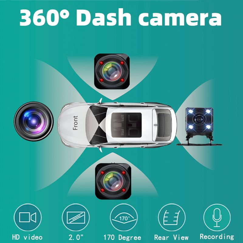 360 Derece Gece Görüşlü 4 Lensli Araç İçi Kamera Video Kaydedici Döngü Kayıt 1080p IPS Ekran Uzaktan Kumandalı Evrensel Uyumlu 